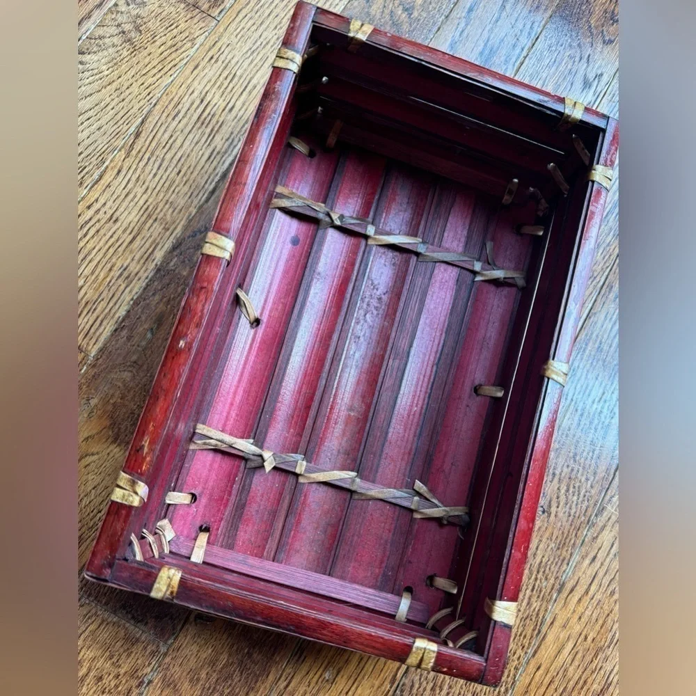 Red Tortoise Shell Bamboo Storage Box Vintage Home Decor Handmade Hand Crate